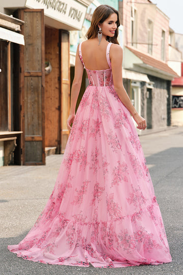 Blush Floral A Line Spaghetti Straps Corset Prom Dress
